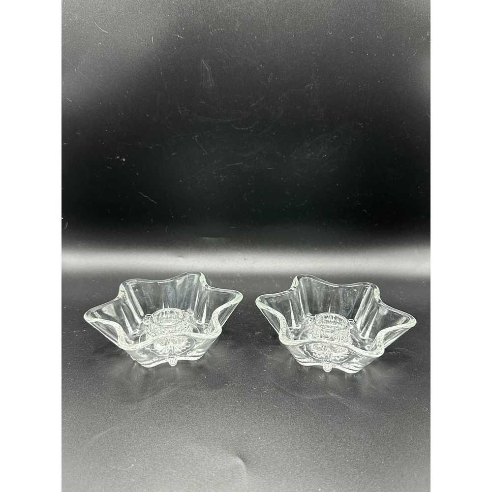 Vintage Clear Glass Star Taper Candle Holders Set of 2 Ruffled Edge Sunburst